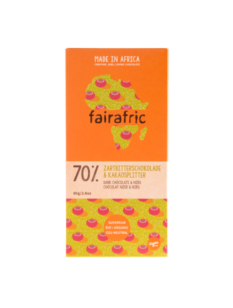 fairafric Zartbitterschokolade 70 %mit Kakaosplitter