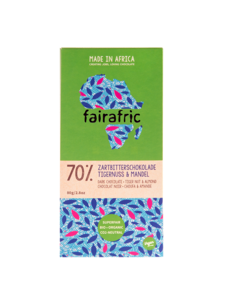 fairafric Zartbitterschokolade 70% mit Tigernuss und Mandel